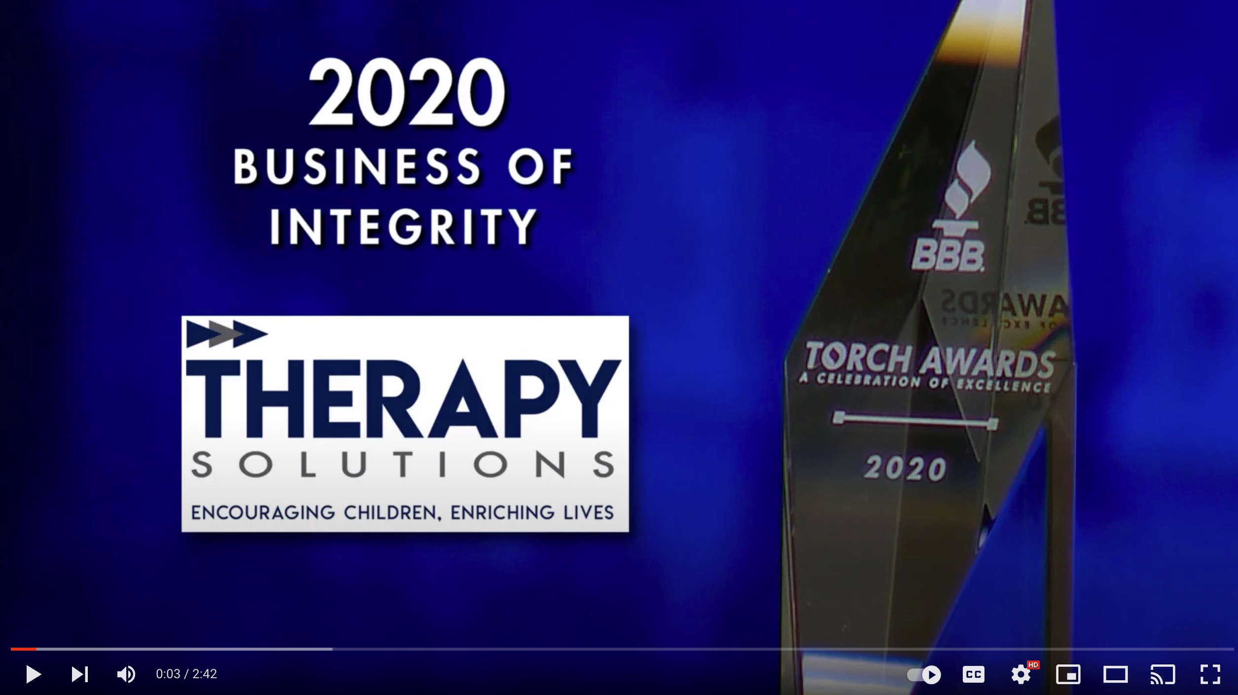 Integrity Torch 2020 Torch Award Winner - Therapy Solutions